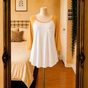 ING Mustard Yellow White Raglan Baseball T-SHIRT  Lace Pocket 1X Boho Casual